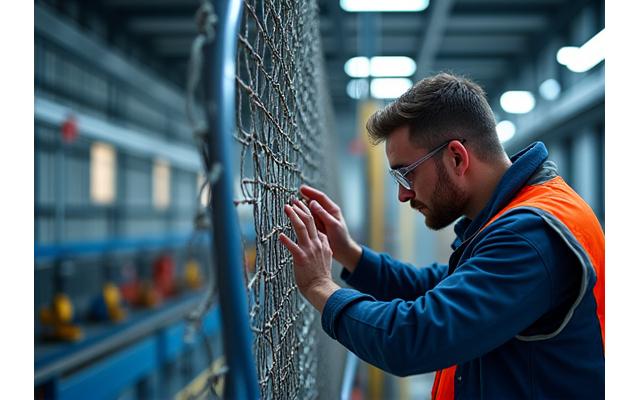 Riverine Forge marine engineer meticulously inspecting a large fishing net fabrication, showcasing precision and quality control.
