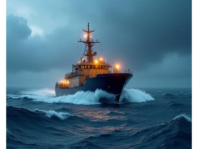 Industrial fishing vessel battling a severe storm at sea, emphasizing ruggedness and the need for reliable emergency support.