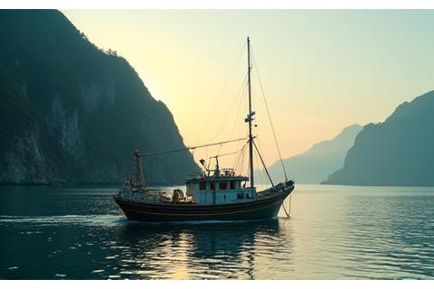 A serene Pacific coastal fishing scene with a small boat, emphasizing sustainable hand-line fishing techniques.