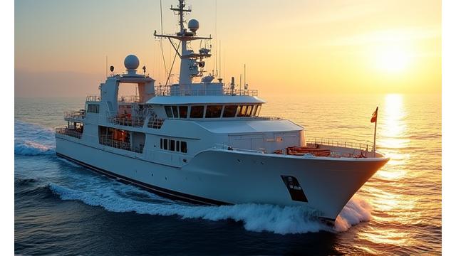 A modern fishing trawler operating in the North Atlantic, with clear sky and calm waters.
