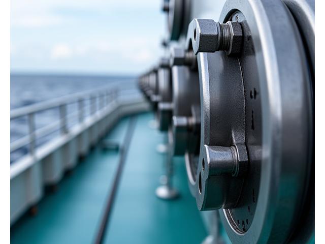Close-up of newly installed, robust deck equipment on a fishing vessel, showcasing precision engineering and heavy-duty materials.