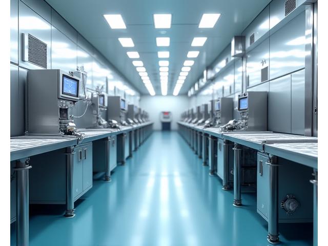 The interior of a fish processing vessel with state-of-the-art sorting and freezing equipment, showcasing cleanliness and automation.
