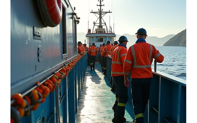 A highly organized fishing vessel deck, with crew members efficiently moving fish from nets to processing stations, illustrating a seamless workflow.